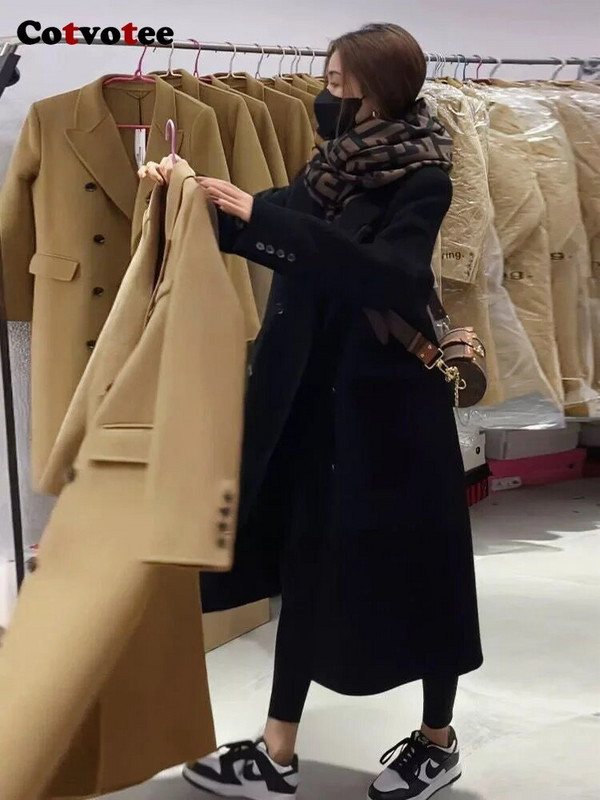 „Cotvotee“ juodas storas vilnonis paltas, moteriškas 2023 m. rudens žiema, naujas ilgas paltas su žema apykakle, vintažinės dvieilės laisvos striukės