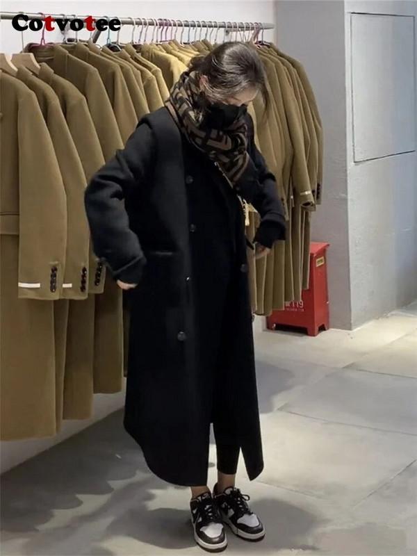 „Cotvotee“ juodas storas vilnonis paltas, moteriškas 2023 m. rudens žiema, naujas ilgas paltas su žema apykakle, vintažinės dvieilės laisvos striukės