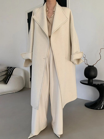 Модни дамски двулицеви вълнени палта DEAT, голям колан с ревери, едно свободно копче, извити иглени топли палта, зима 2023, ново 7AB989