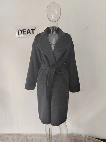Модни дамски двулицеви вълнени палта DEAT, голям колан с ревери, едно свободно копче, извити иглени топли палта, зима 2023, ново 7AB989