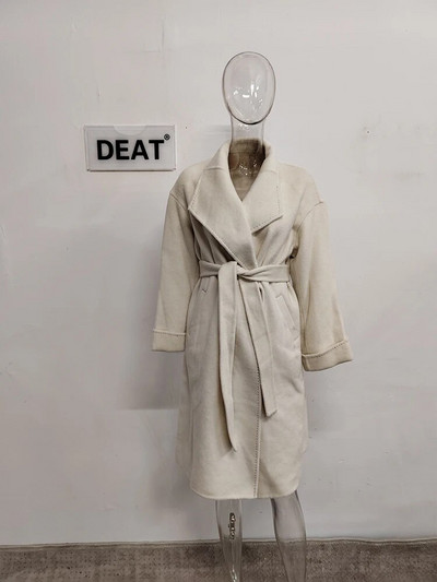 DEAT Fashion Naiste Kahepoolne villane mantel, suur reväärivöö, ühe lahtise nööbiga kaarjas nõel, soojad mantlid, talv 2023, uus 7AB989