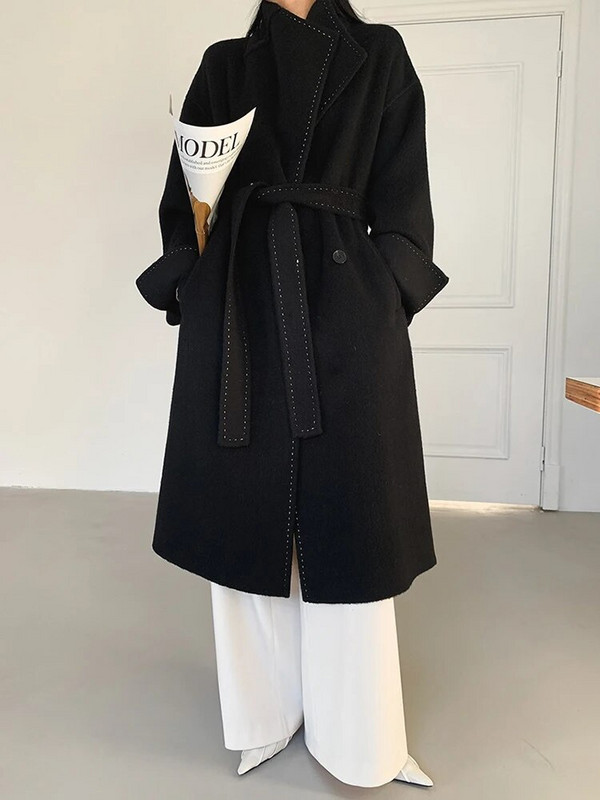 DEAT Fashion Naiste Kahepoolne villane mantel, suur reväärivöö, ühe lahtise nööbiga kaarjas nõel, soojad mantlid, talv 2023, uus 7AB989