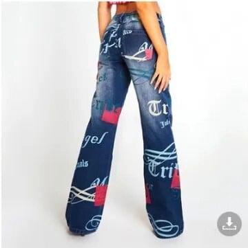 y2k maalitud kirjaga trükitud teksad seksikas kuum tüdruk naisteriided tänavapildid kõrge vöökohaga trend sisemised veidi lõdvad avarad püksid