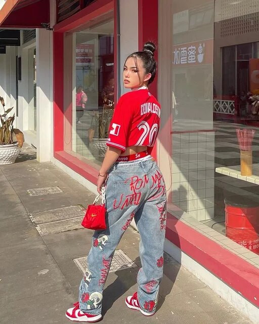 y2k maalitud kirjaga trükitud teksad seksikas kuum tüdruk naisteriided tänavapildid kõrge vöökohaga trend sisemised veidi lõdvad avarad püksid