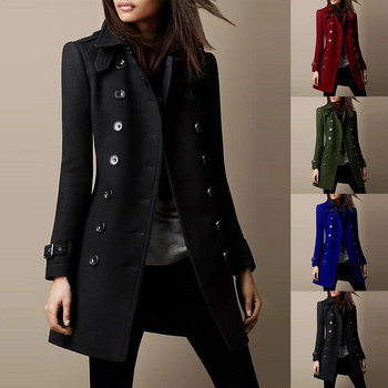 Дамски есенно-зимни палта с дълъг ръкав с двуредно реверно палто от изкуствена вълна Тренчкотно яке Модно дамско едноцветно дълго парко