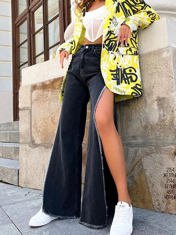 2023. aasta suvine sügismood Naiste pestud kõrge vöökohaga teksad Tänavarõivad, küljelt lõhestatud teksapüksid naistele