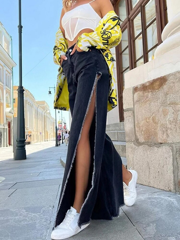 2023. aasta suvine sügismood Naiste pestud kõrge vöökohaga teksad Tänavarõivad, küljelt lõhestatud teksapüksid naistele