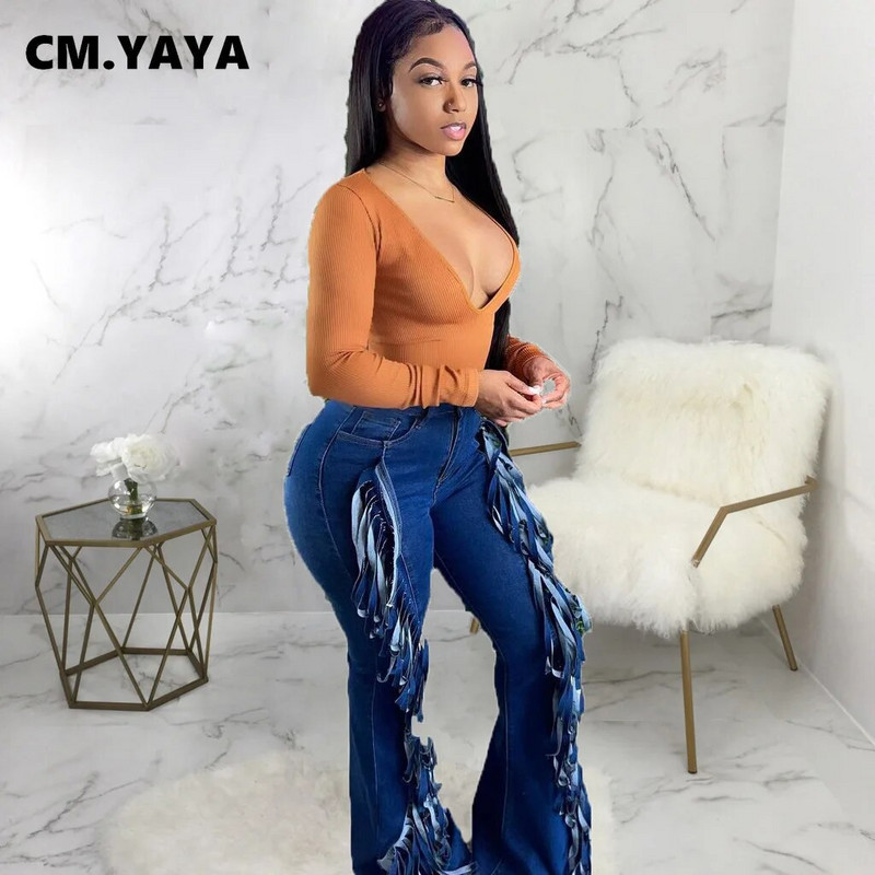CM.YAYA Sieviešu džinsi Cieti pušķi, rāvējslēdzēja aizdares kabatas, saplēstas, šauras džinsa bikses, piemērotas bikses rudens modes ielas apģērbs