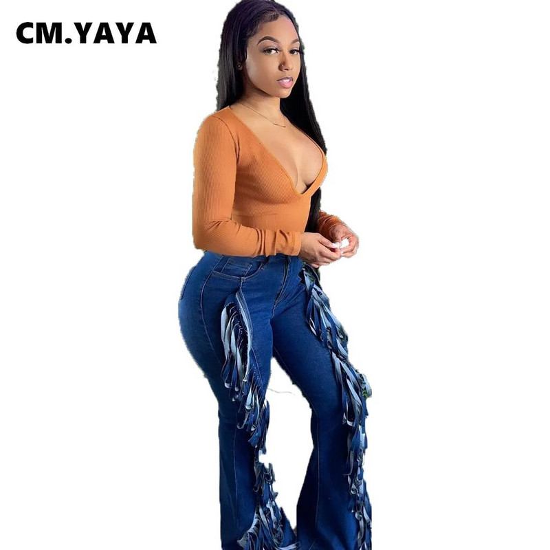 CM.YAYA Sieviešu džinsi Cieti pušķi, rāvējslēdzēja aizdares kabatas, saplēstas, šauras džinsa bikses, piemērotas bikses rudens modes ielas apģērbs