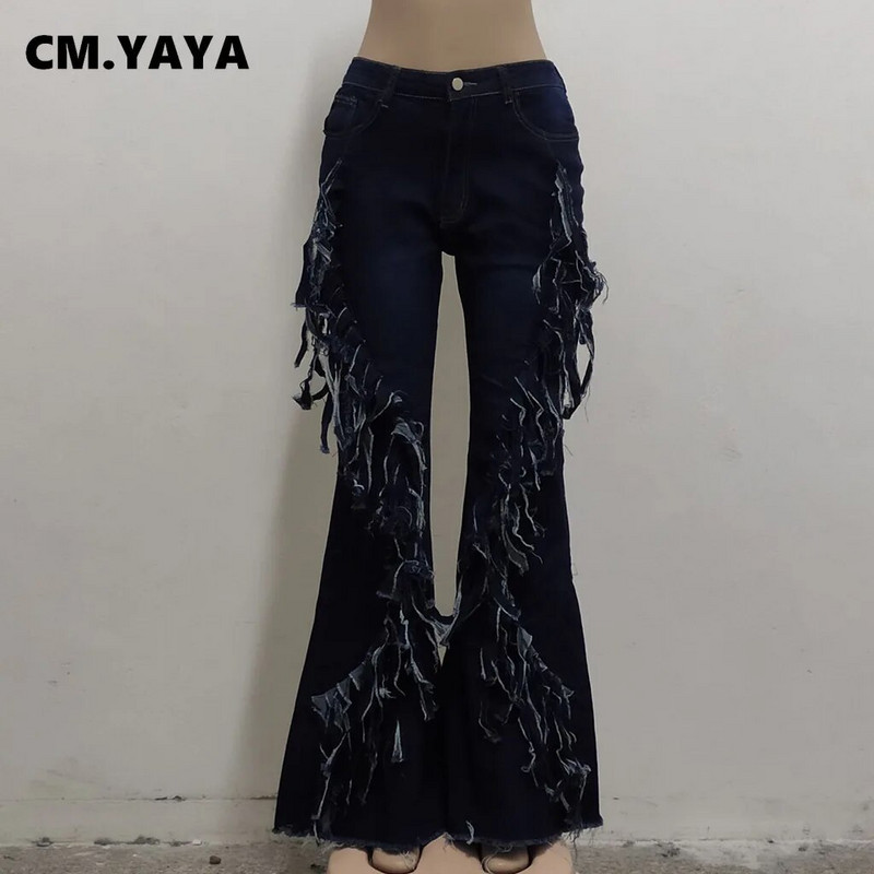 CM.YAYA Sieviešu džinsi Cieti pušķi, rāvējslēdzēja aizdares kabatas, saplēstas, šauras džinsa bikses, piemērotas bikses rudens modes ielas apģērbs