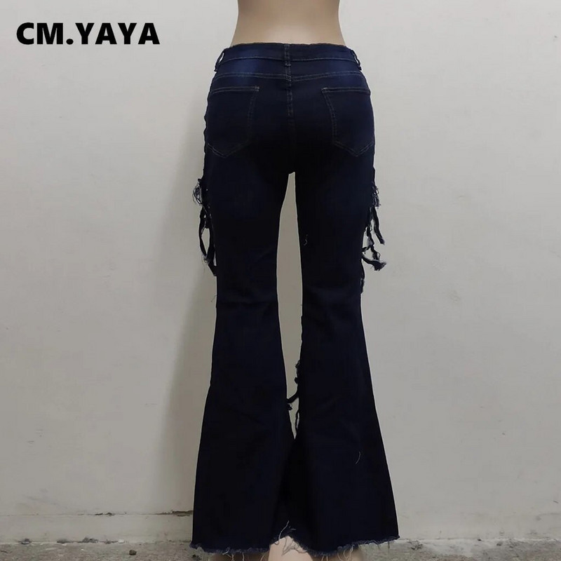 CM.YAYA Sieviešu džinsi Cieti pušķi, rāvējslēdzēja aizdares kabatas, saplēstas, šauras džinsa bikses, piemērotas bikses rudens modes ielas apģērbs