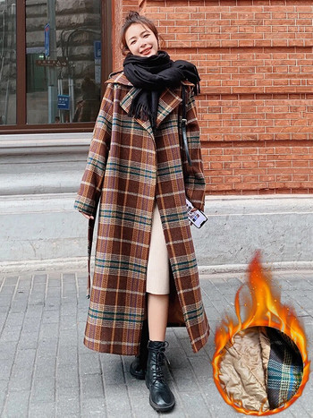 Vintage καρό τουίντ μακριά μάλλινα παλτό Γυναικεία χειμερινά Νέο χαλαρό μείγμα μαλλί Παχύ σακάκια Κορεατικά ζεστά βαμβακερά επένδυση Casacos