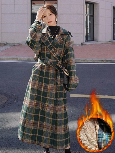 Vintažiniai languoti Tvido ilgi vilnoniai paltai Moteriški Žieminiai Nauji palaidos vilnos mišinio stori striukės Korėjietiškos šiltos medvilnės paminkštintos pamušalas Casacos