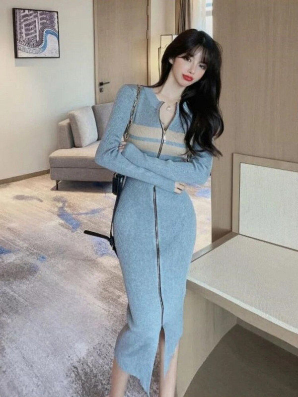 Woherb seksikas pikkade varrukatega kootud kleit naistele õhuke temperament Elegantne elastne Y2k Bodycon Vestido Midi lukuga kleidid Korea