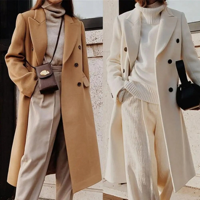 Kaput Popularni jednobojni široki ženski kaput dugih rukava Ležerni vuneni kaput Ženska odjeća na rever