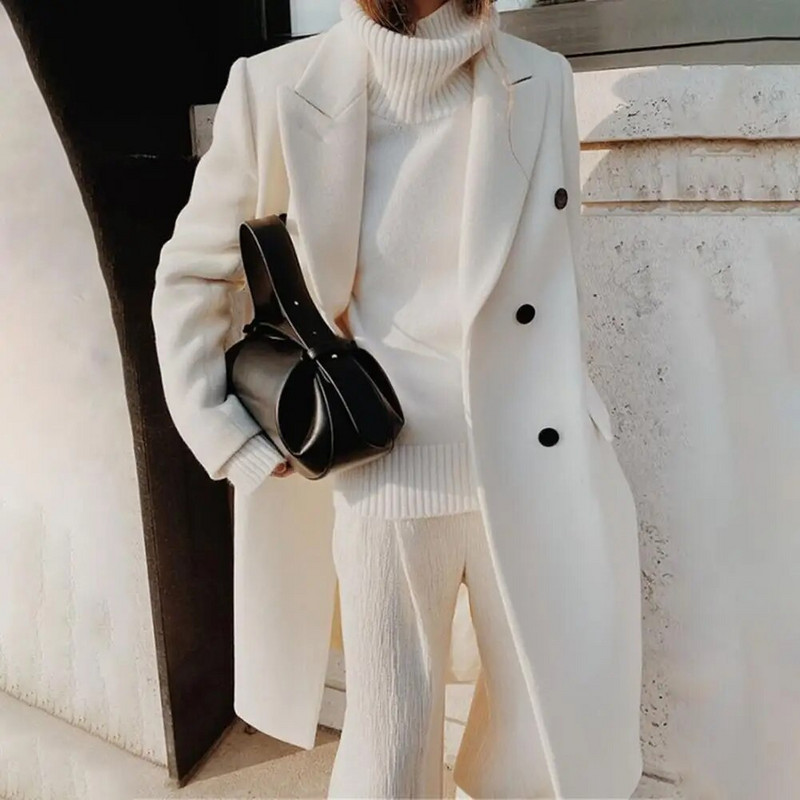 Kaput Popularni jednobojni široki ženski kaput dugih rukava Ležerni vuneni kaput Ženska odjeća na rever