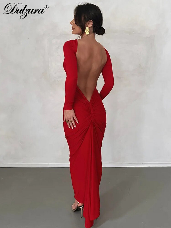 Dulzura Autumn Ruched Y2K Drēbes ar garām piedurknēm bez aizmugures O veida kakla Bodycon Midi kleitas sievietēm 2023. gada kluba dzimšanas dienas ballīte, eleganta