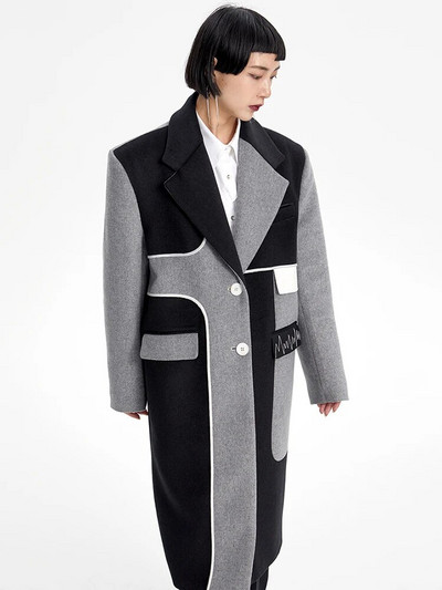 [EAM] Lahti istuv hall värviplokk suure suurusega pikk villane mantel Parkasid, uued pikkade varrukatega naiste moekad mõõnad sügistalv 2023 17A1556