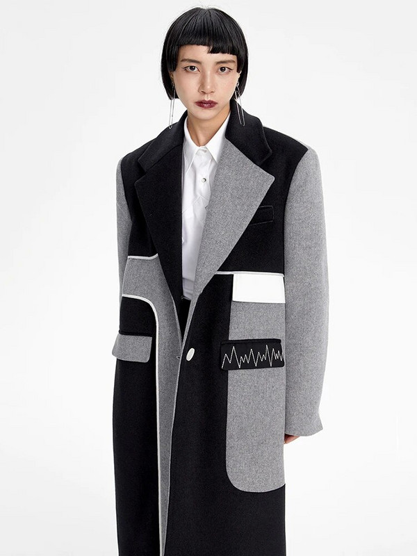 [EAM] Lahti istuv hall värviplokk suure suurusega pikk villane mantel Parkasid, uued pikkade varrukatega naiste moekad mõõnad sügistalv 2023 17A1556