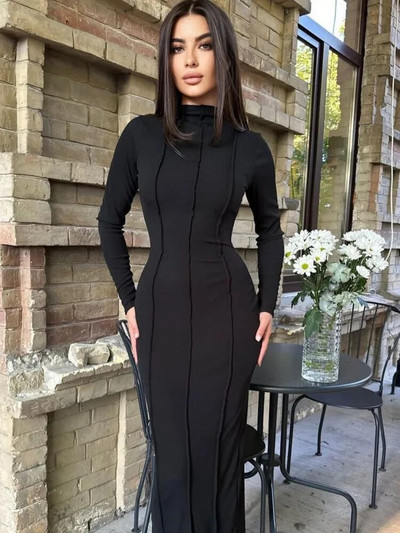 JULISSA MO 2023. Nova rebrasta jednobojna dugačka haljina s O-izrezom, ženska jesenska obuća s dugim rukavima, uska, elegantna vestida za klubove