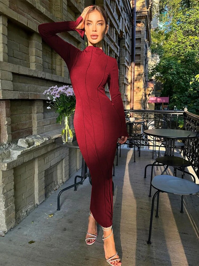 JULISSA MO 2023. Nova rebrasta jednobojna dugačka haljina s O-izrezom, ženska jesenska obuća s dugim rukavima, uska, elegantna vestida za klubove