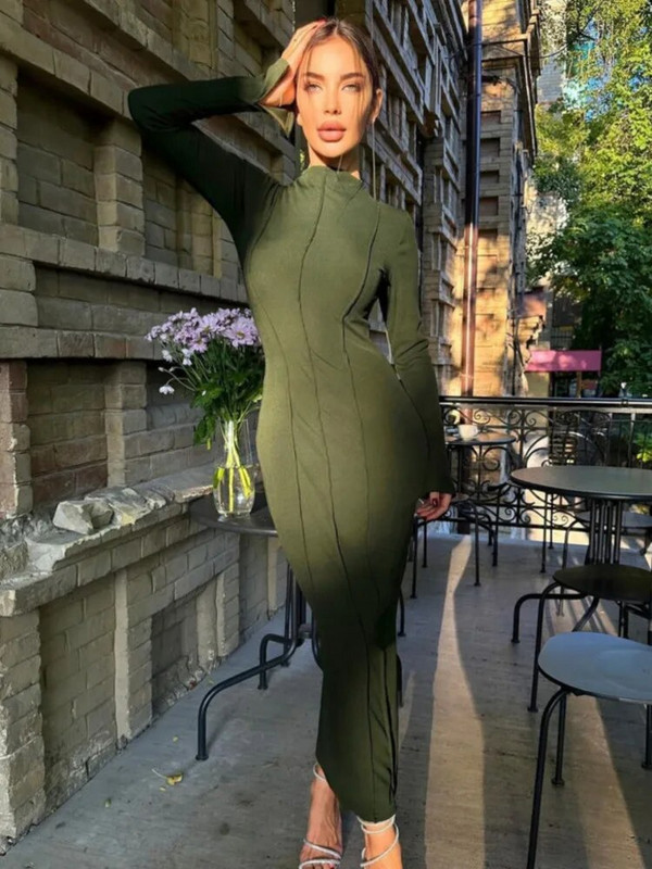 JULISSA MO 2023. Nova rebrasta jednobojna dugačka haljina s O-izrezom, ženska jesenska obuća s dugim rukavima, uska, elegantna vestida za klubove