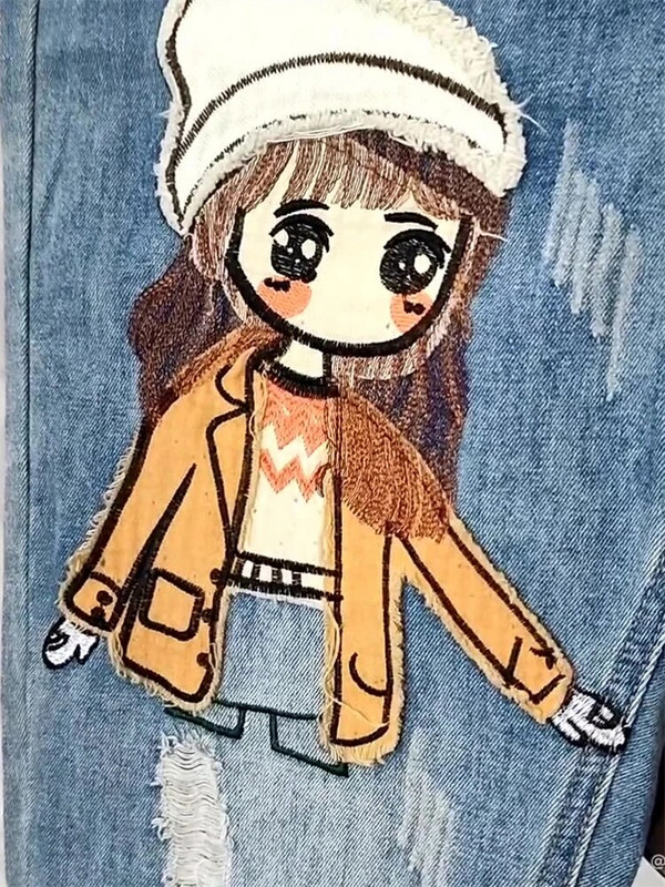 6537 Cartoon Litter Tüdruku tikandid Denimpüksid Naistele Trendikas Hole vabaaja kõrge vöökohaga põlvpüksid Taskud Ema Harem Sinised Teksad