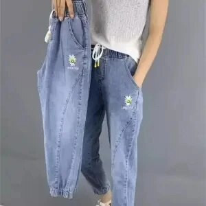Vasaros Moterys Nauja mada Karoliukais Karoliukais Laisvi Džinsai Moterys Aukštu Juosmuo Plonos Džinsinės Haremo Kelnės Moteriškos Žalia Plyšęs Džinsas
