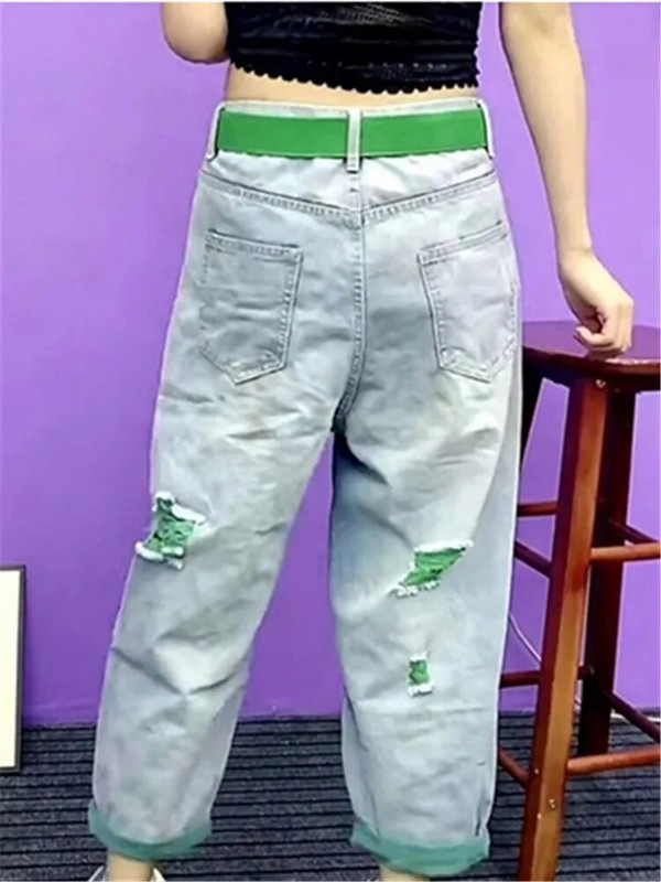 Vasaros Moterys Nauja mada Karoliukais Karoliukais Laisvi Džinsai Moterys Aukštu Juosmuo Plonos Džinsinės Haremo Kelnės Moteriškos Žalia Plyšęs Džinsas