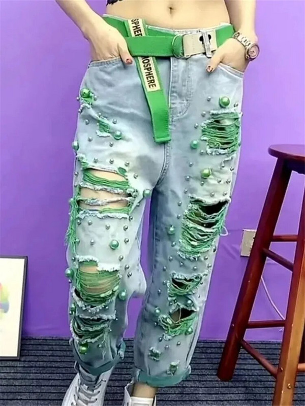 Vasaros Moterys Nauja mada Karoliukais Karoliukais Laisvi Džinsai Moterys Aukštu Juosmuo Plonos Džinsinės Haremo Kelnės Moteriškos Žalia Plyšęs Džinsas