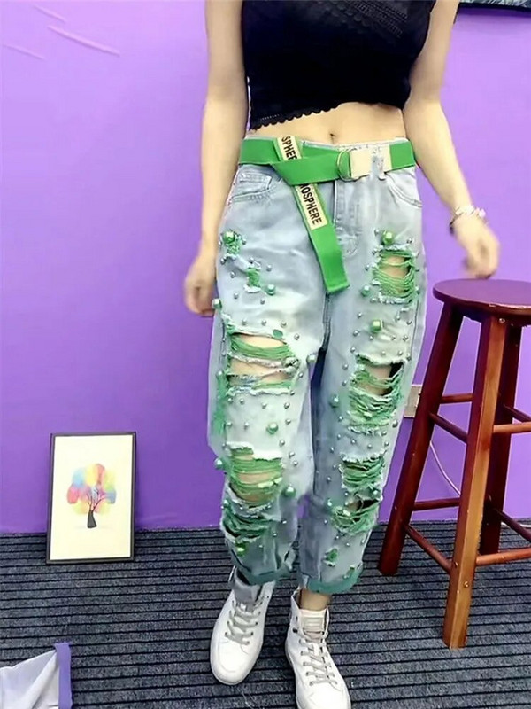 Vasaros Moterys Nauja mada Karoliukais Karoliukais Laisvi Džinsai Moterys Aukštu Juosmuo Plonos Džinsinės Haremo Kelnės Moteriškos Žalia Plyšęs Džinsas