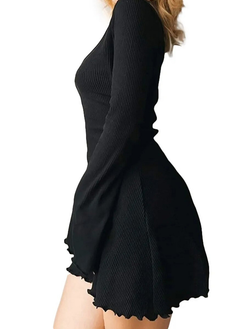 Rochie mini de petrecere, de culoare uni, cu nervuri, cu mânecă lungă, cu decolteu în V, slim, la modă, primăvară, toamnă, rochie subțire în linie A