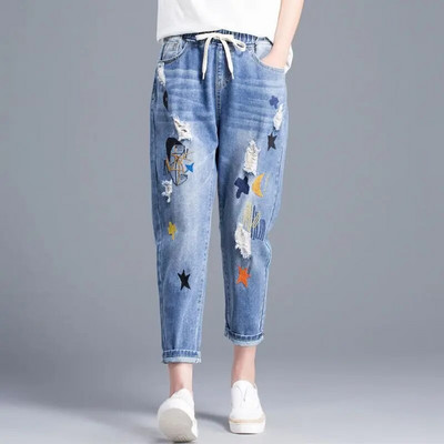 y2k vezene široke traperice do gležnja, elastične kaprije s visokim strukom na vezanje, harem traper hlače, ženske Vaquero prevelike 4xl pantalone