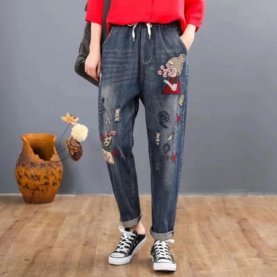 y2k vezene široke traperice do gležnja, elastične kaprije s visokim strukom na vezanje, harem traper hlače, ženske Vaquero prevelike 4xl pantalone