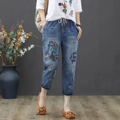 y2k vezene široke traperice do gležnja, elastične kaprije s visokim strukom na vezanje, harem traper hlače, ženske Vaquero prevelike 4xl pantalone