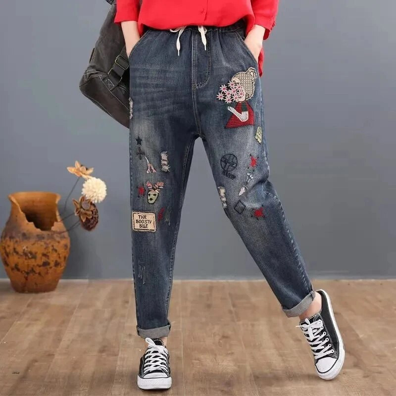 y2k tikandid pahkluu pikkused kottis teksad, elastsed kõrge vöökohaga Capris pitsid Harem teksapüksid naiste Vaquero ülemõõduga 4xl pantalon