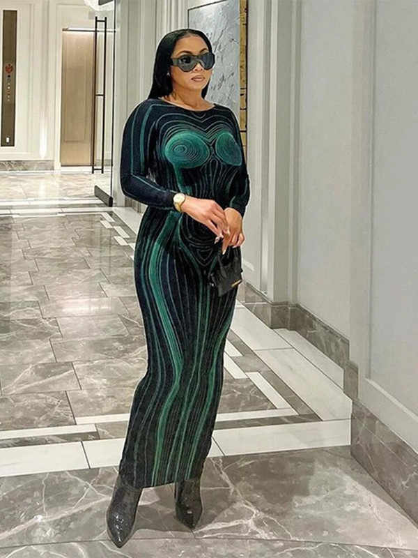 Sexy Streak 3D Printing Maxi Dress Women Hipster O Gât cu mâneci lungi Robe drepte Femei High Street fără spate Rochii bodycon