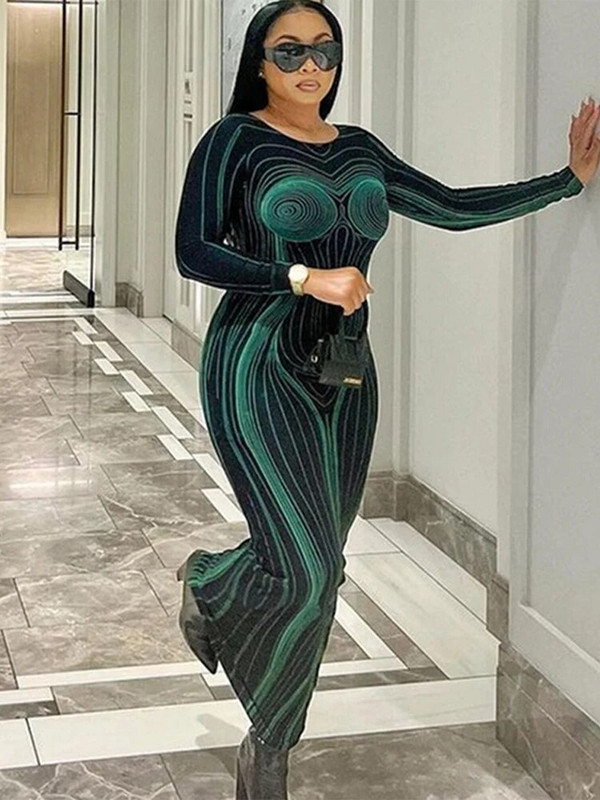 Sexy Streak 3D Printing Maxi Dress Women Hipster O Gât cu mâneci lungi Robe drepte Femei High Street fără spate Rochii bodycon
