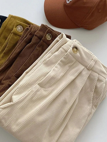 ZOKI Дамски ретро панталони от рипсено кадифе с висока талия Есенни прави каузални панталони с пълна дължина Винтидж кафе джобове Разноцветни панталони Нови