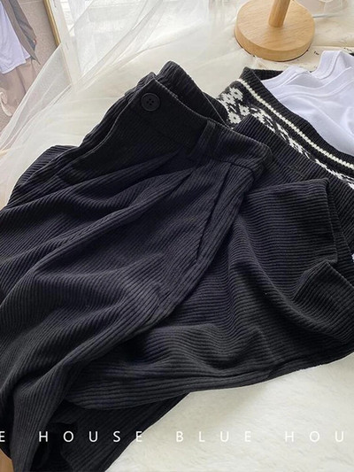 ZOKI Sieviešu ar augstu vidukli Retro velveta bikses Fall Straight Causal Pilna garuma Bikses Vintage Kafijas Kabatas Visas Match Bikses Jaunas