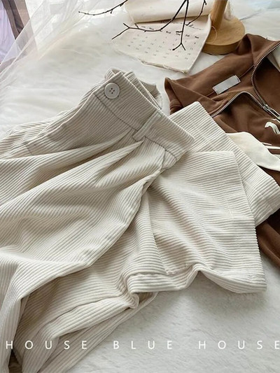 ZOKI Sieviešu ar augstu vidukli Retro velveta bikses Fall Straight Causal Pilna garuma Bikses Vintage Kafijas Kabatas Visas Match Bikses Jaunas