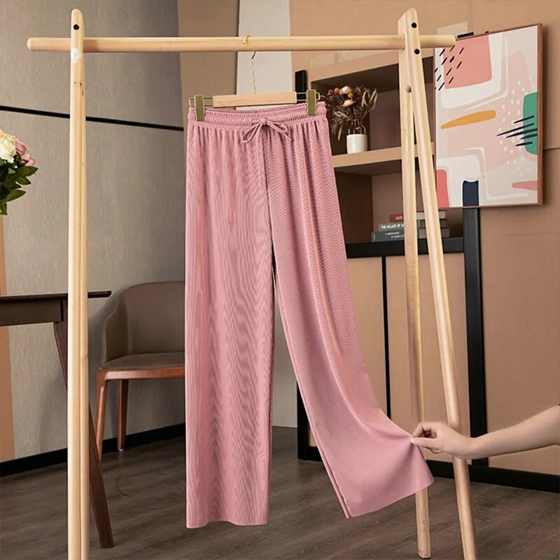 Ледени копринени широки панталони Дамски готини спортни панталони Летни тънки плисета Свободни прави панталони Дамски офис ежедневни дълги панталони с шнур