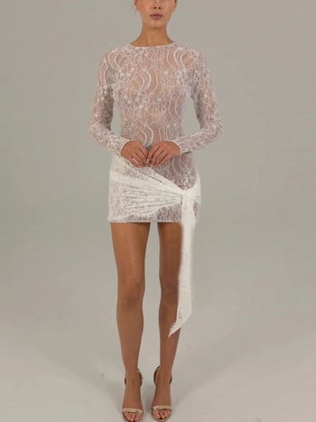 Fantoye Sexy See Through Lace Bandage Γυναικείο Φόρεμα Μαύρο μακρυμάνικο με στρογγυλό λαιμό Ruched Φθινόπωρο Skinny Κομψά ρούχα για πάρτι