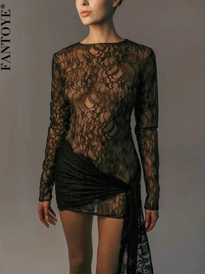 Fantoye Sexy See Through Lace Bandage Γυναικείο Φόρεμα Μαύρο μακρυμάνικο με στρογγυλό λαιμό Ruched Φθινόπωρο Skinny Κομψά ρούχα για πάρτι