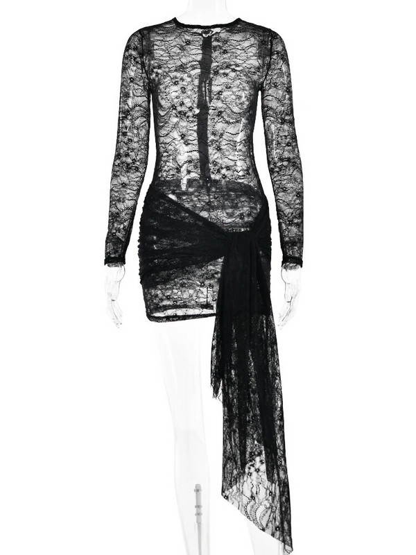 Fantoye seksikas läbipaistev pitsist sidemega naiste kleit, must pikkade varrukatega, ümara kaelusega kleit, sügisene kõhn, elegantne peokleit