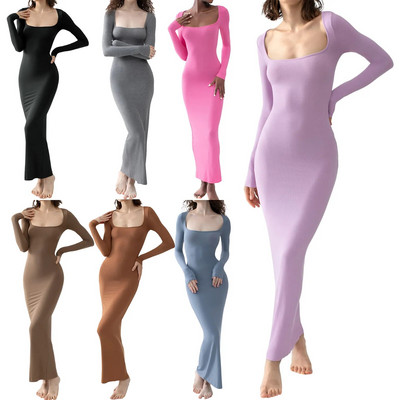 ženske duge haljine s dugim rukavima Pletena rebrasta haljina s četvrtastim izrezom Proljetna Party Club Skinny Bodycon haljina vestidos