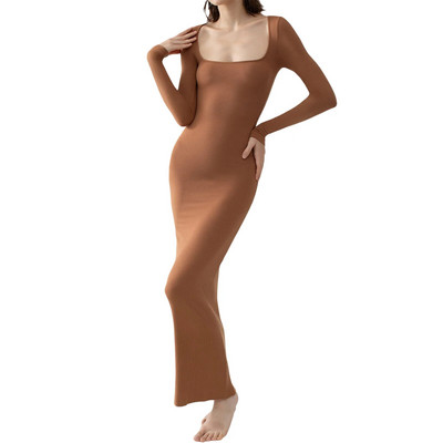 moteriškos ilgos suknelės ilgomis rankovėmis Megztos briaunotos keturkampės suknelės Pavasario vakarėlis Club Skinny Bodycon Suknelė vestidos