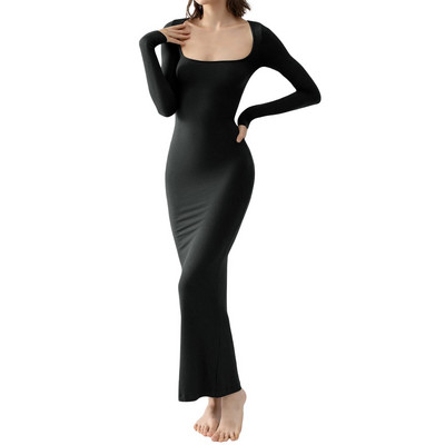 moteriškos ilgos suknelės ilgomis rankovėmis Megztos briaunotos keturkampės suknelės Pavasario vakarėlis Club Skinny Bodycon Suknelė vestidos