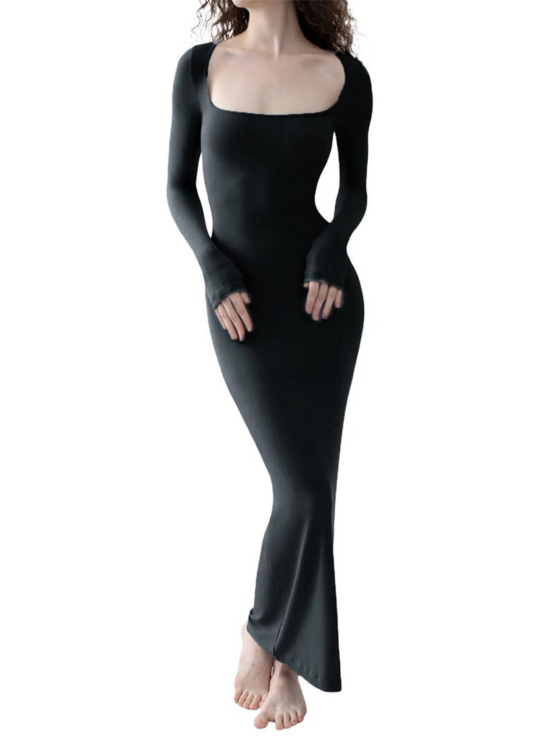 moteriškos ilgos suknelės ilgomis rankovėmis Megztos briaunotos keturkampės suknelės Pavasario vakarėlis Club Skinny Bodycon Suknelė vestidos