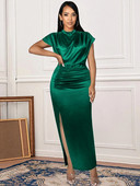 Naiste kleidid, suvi 2023 Burgundiaroheline satiinpikk kleit Elegantne naiste õhtusünnipäeva kokteilipeo plisseeritud hommikumantlid, rõivad